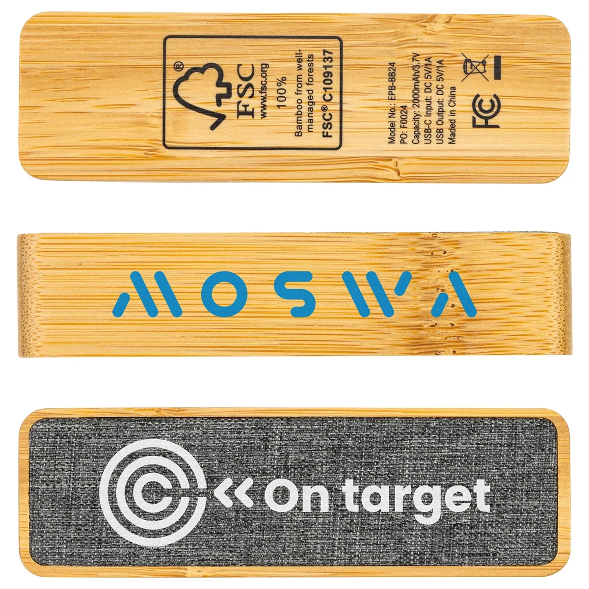 Close-up of the custom mini power bank's logo imprint area
