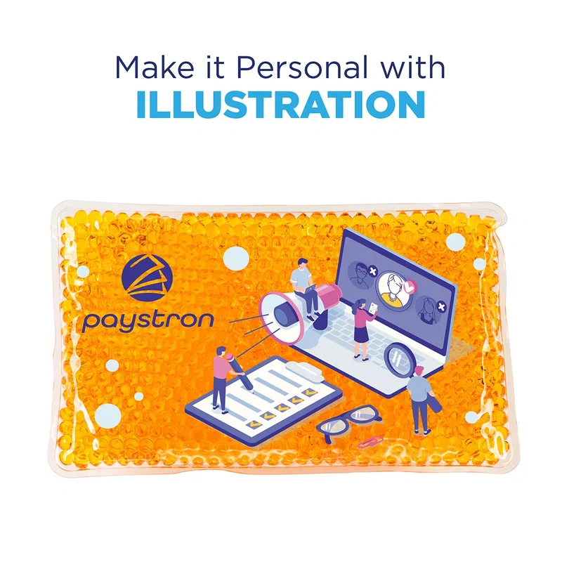 Full-Color Aqua Pearls Hot/Cold Pack on a desk, branded therapy pack lifestyle shot
