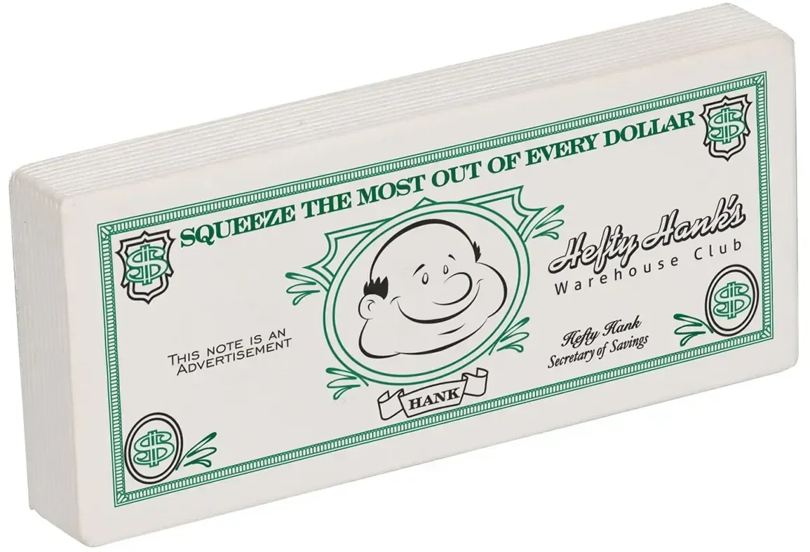 Full-Color Bucks custom stress ball shaped like a cash stack with full-color print, branded finance promotional giveaway