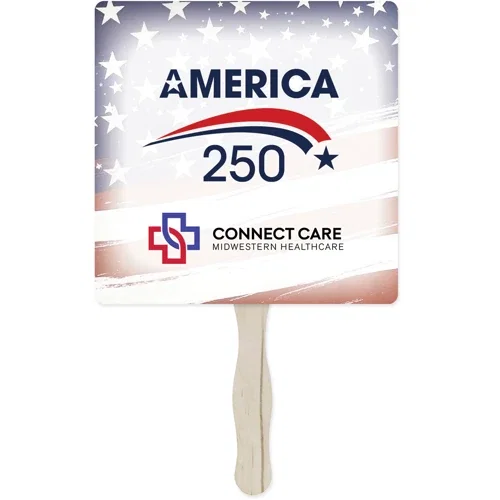 Full-color digitally printed hand fan with wooden handle, primary product view