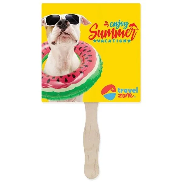 Full-color hand fan, round shape with custom artwork and wooden handle