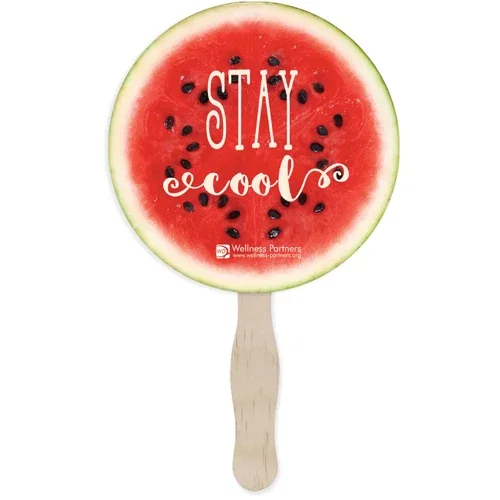 Full-color digitally printed hand fan, square shape with branded design