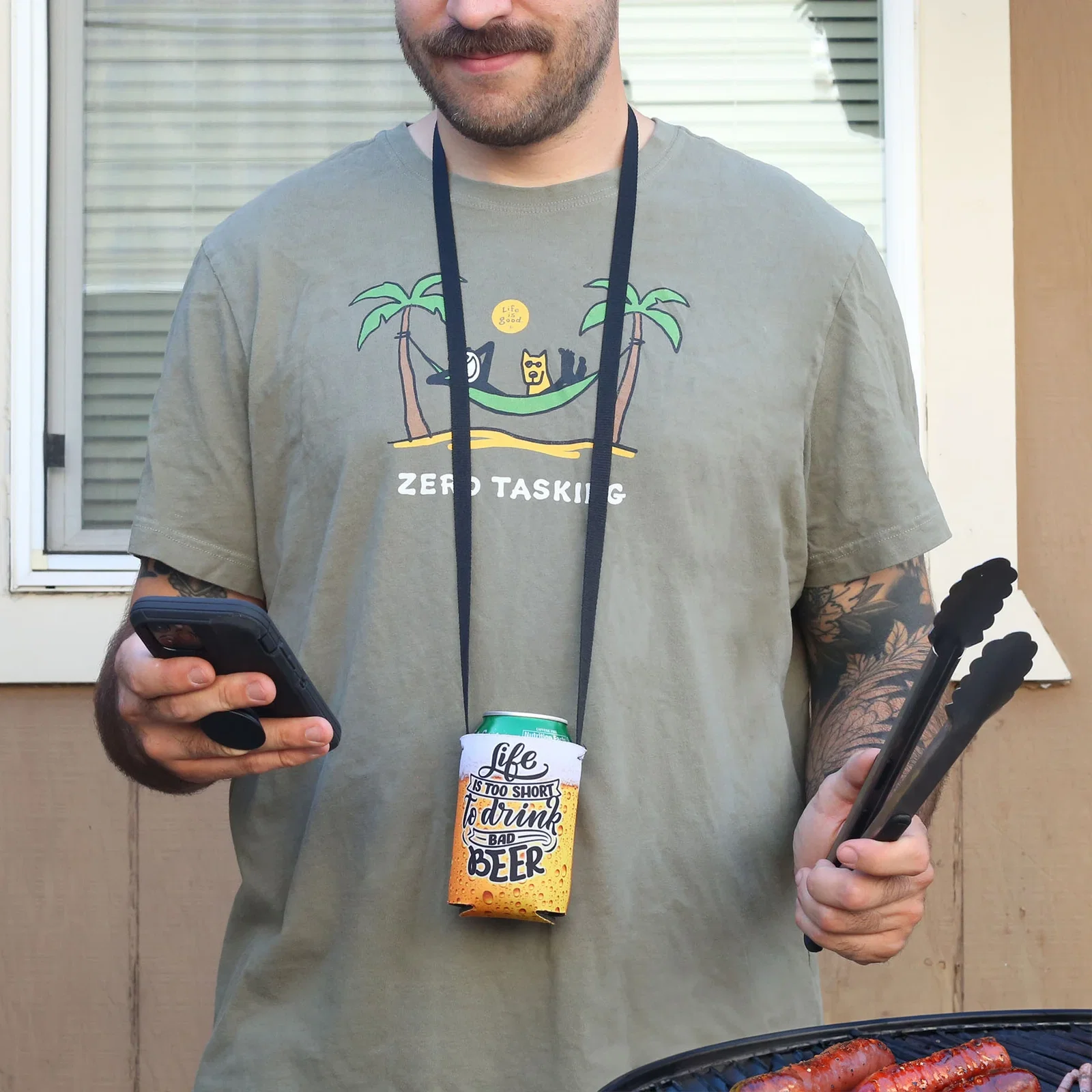 Full Color Hands Free Can Cooler being worn