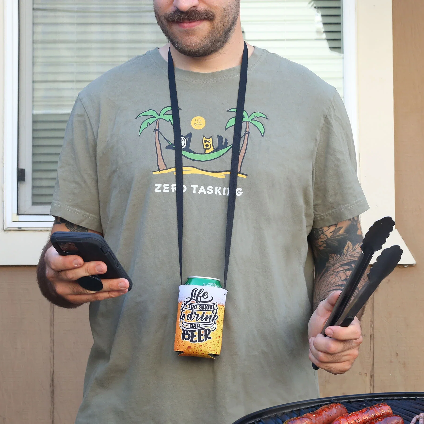 Full Color Hands Free Can Cooler being worn