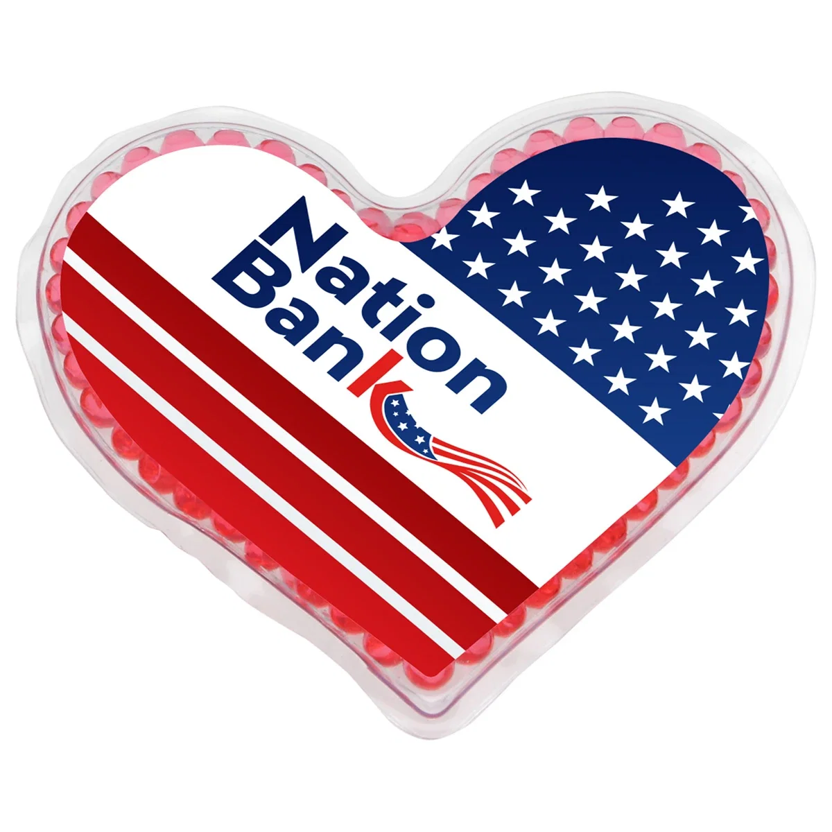 Custom Full Color Heart Aqua Pearls Hot/Cold Pack, front view of the branded heart-shaped pack