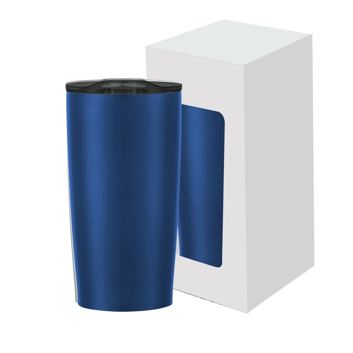 Carton front cut away to show the drinkware inside