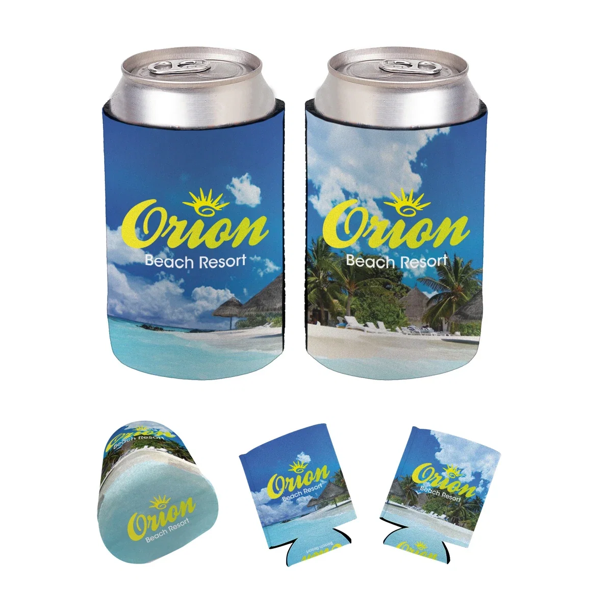 Beverage sleeve angled to reveal both front and side graphics