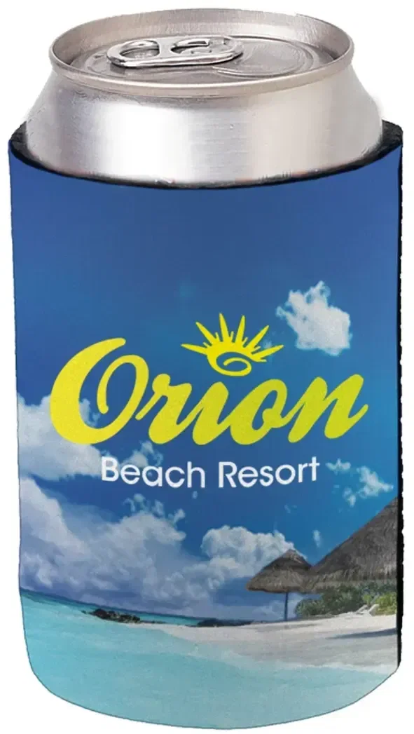 White foam can cooler standing upright against a plain backdrop