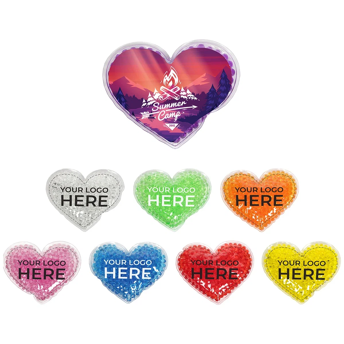 Custom Full Color Large Heart Aqua Pearls Hot/Cold Pack, front view of the branded heart-shaped pack