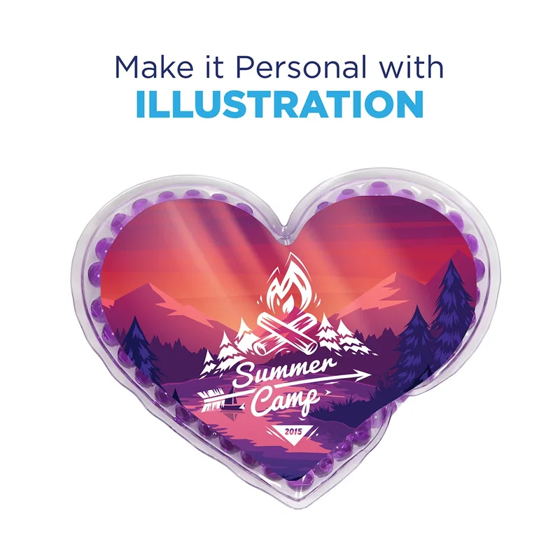 Large Heart Aqua Pearls Hot/Cold Pack on a desk, branded lifestyle shot