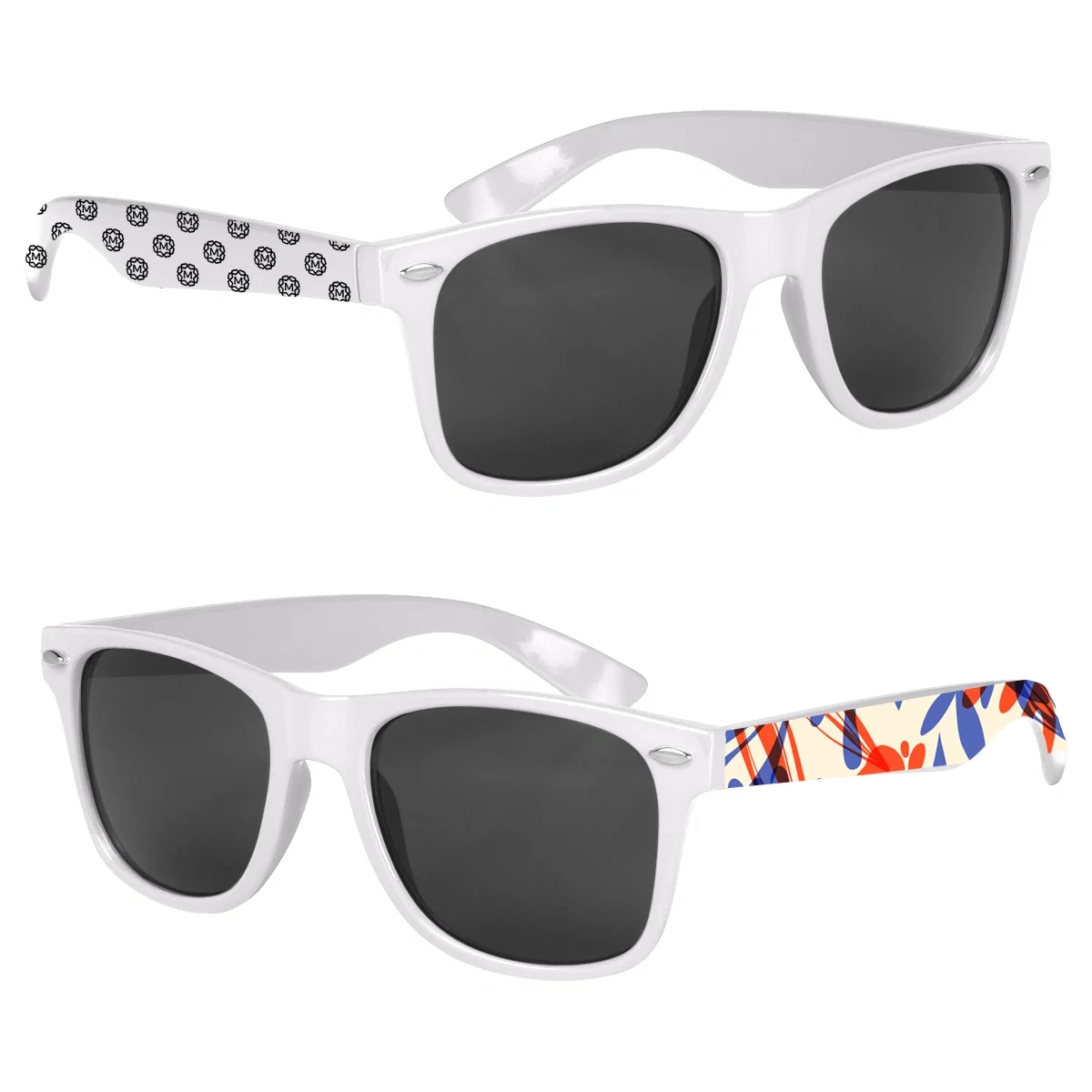Full color sunglasses with wide temple arms for printing