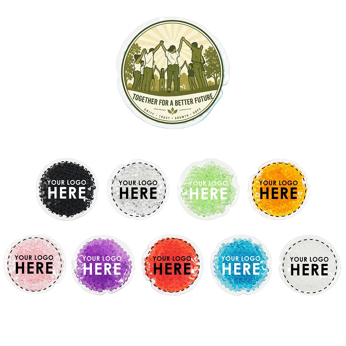 Custom Full-Color Round Aqua Pearls Hot/Cold Pack, front view of the smaller size