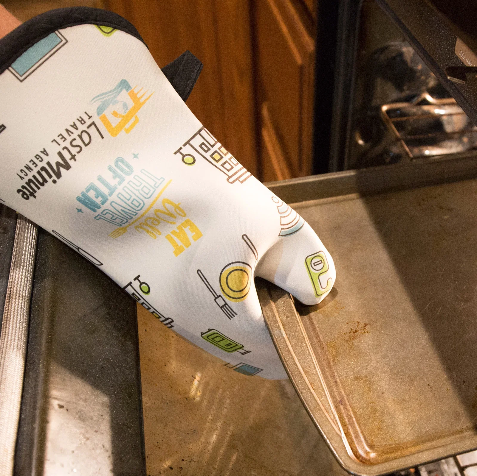 Full Color Neoprene Oven Mitt being worn