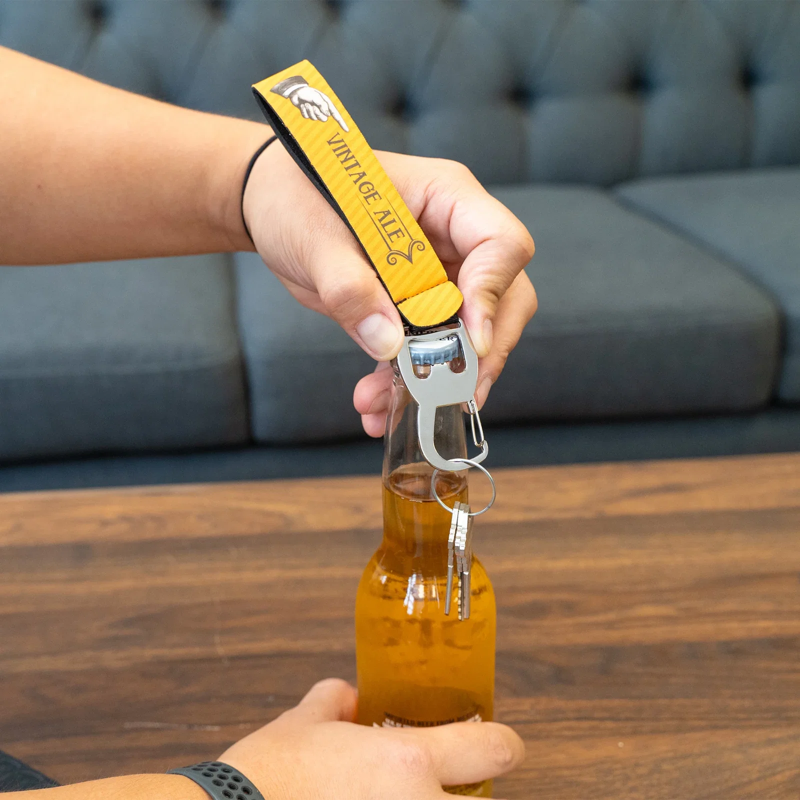 Full Color Neoprene Wristband with Bottle Opener in use