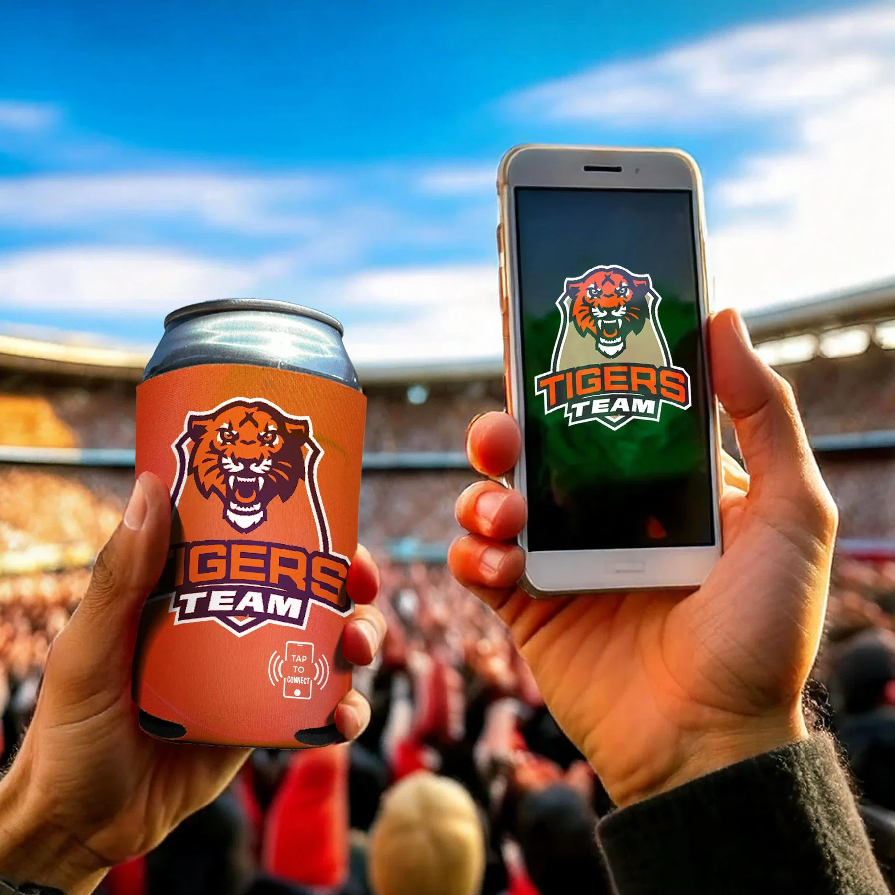 Full Color NFC Connect Can Cooler held in hand
