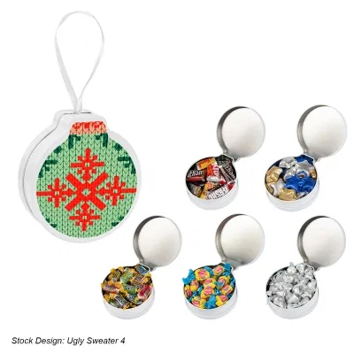 Round holiday tin filled with candy and printed in full color
