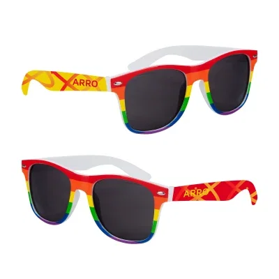 Rainbow framed sunglasses with white temples shown from the front