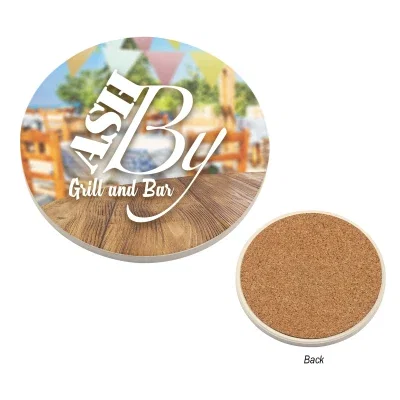Round white absorbent coaster measuring three and a half inches