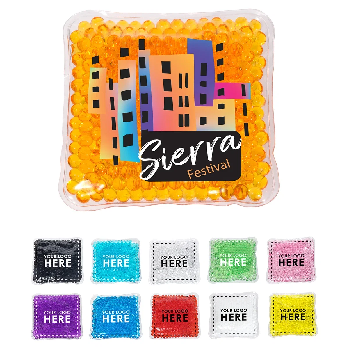 Custom Full-Color Square Aqua Pearls Hot/Cold Pack, front view of the branded therapy pack