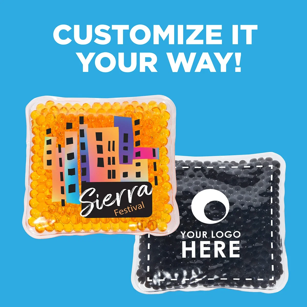Close-up of the full-color imprint on the Square Aqua Pearls Hot/Cold Pack