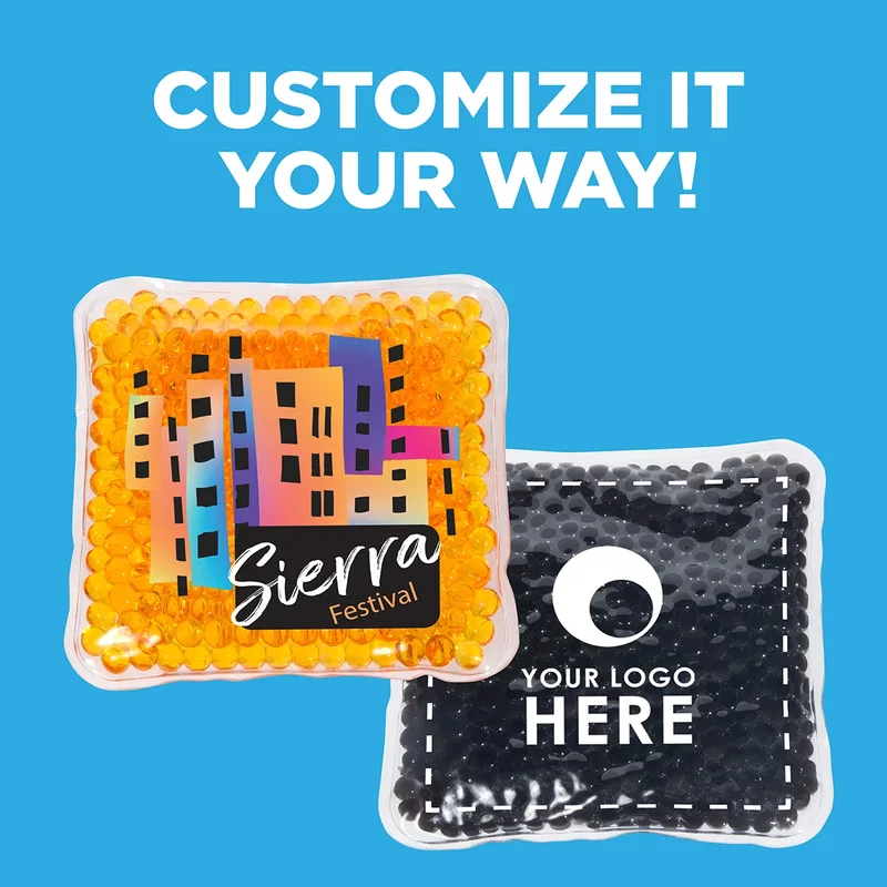 Close-up of the full-color imprint on the Square Aqua Pearls Hot/Cold Pack