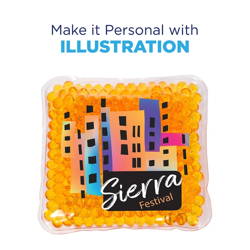 Square Aqua Pearls Hot/Cold Pack on a desk, branded lifestyle shot