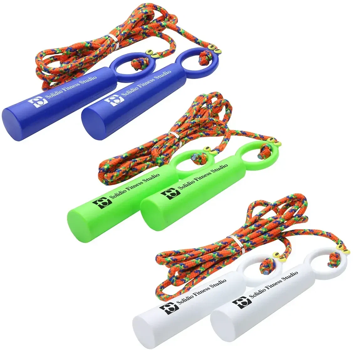 Custom branded Fun Skipper jump rope, front view of the promotional funny face jump rope with logo handle