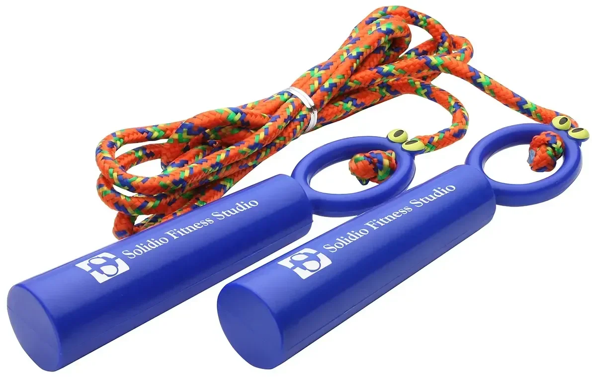 Angled view of the branded Fun Skipper jump rope smiling handle, custom promotional jump rope for kids