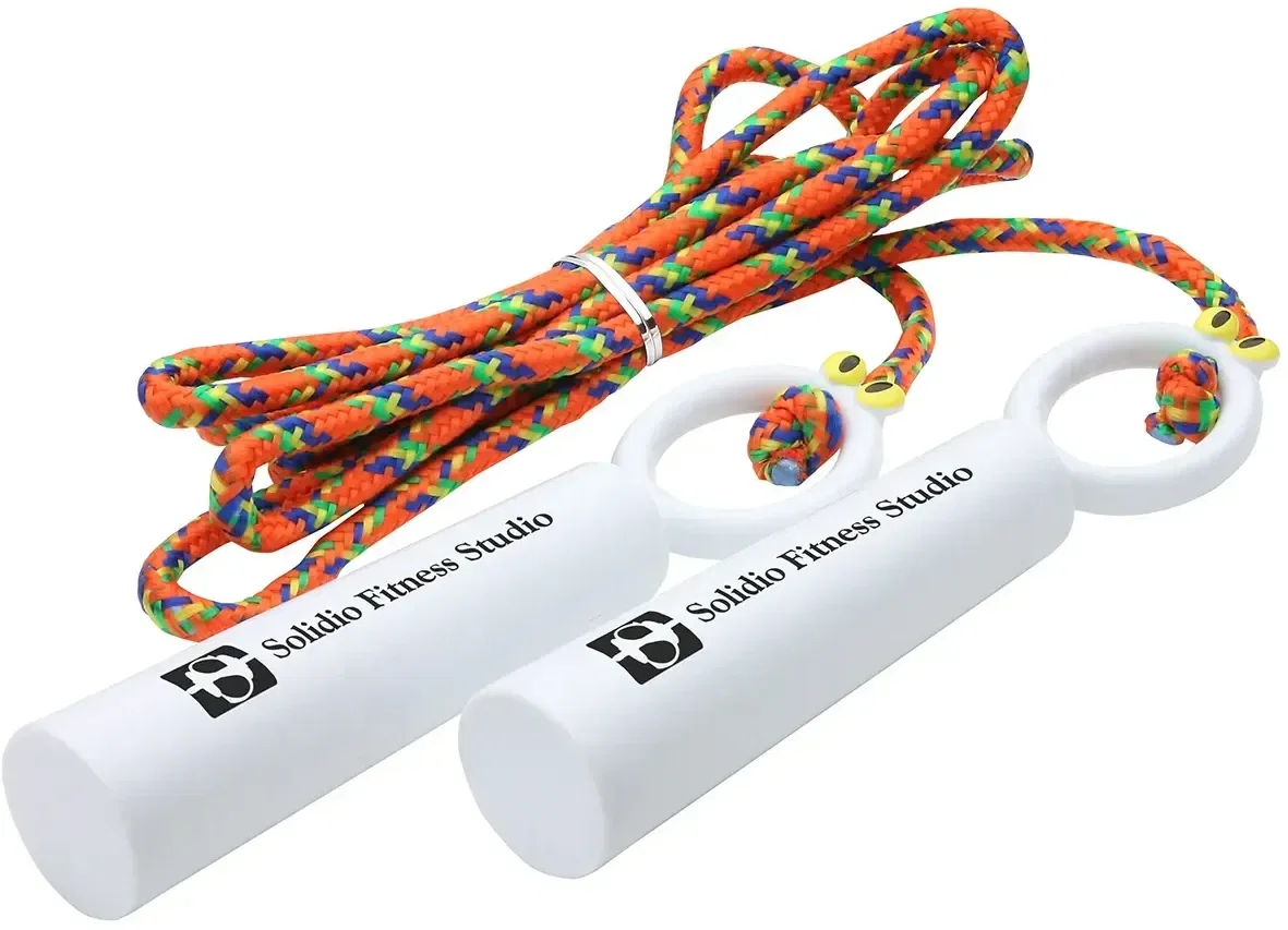 Close-up of the promotional Fun Skipper funny face handle, custom branded jump rope detail