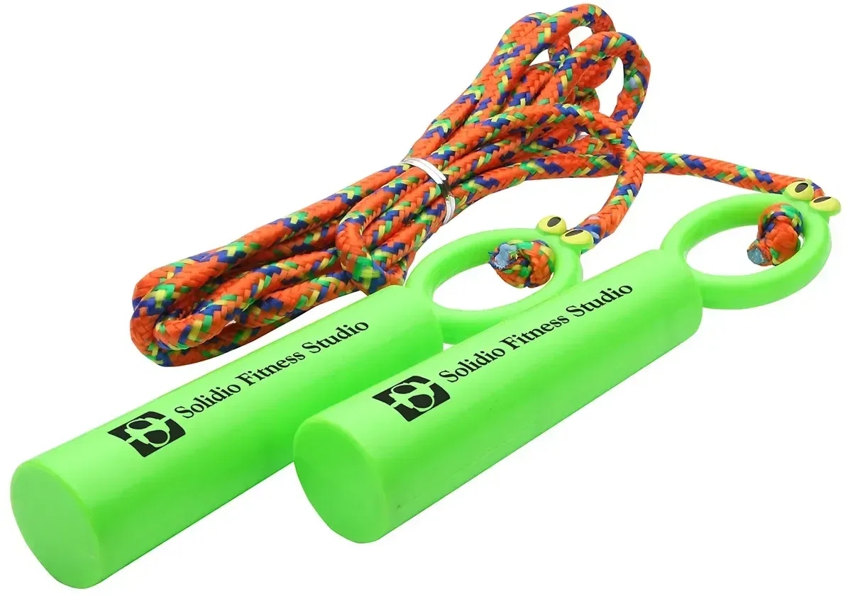 Branded Fun Skipper jump rope coiled with its rope, custom promotional funny face jump rope for events