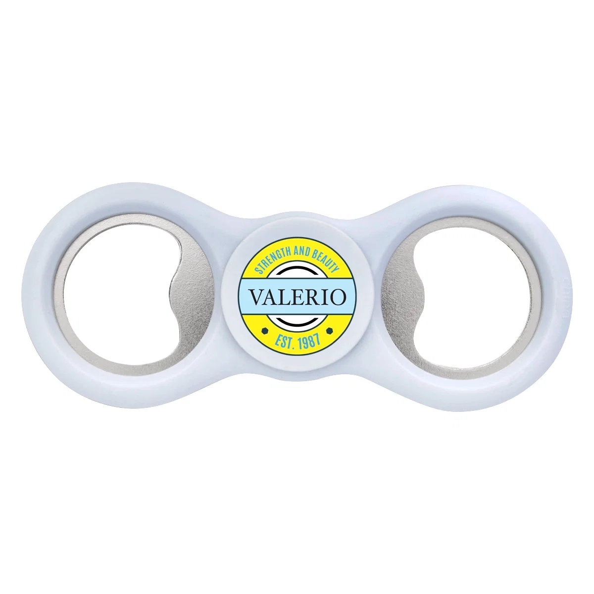 Blue spinner bottle opener held between two fingers