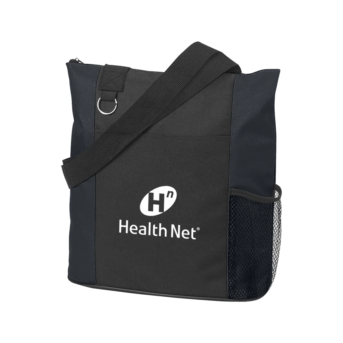 Black tote bag shown with twin carry handles