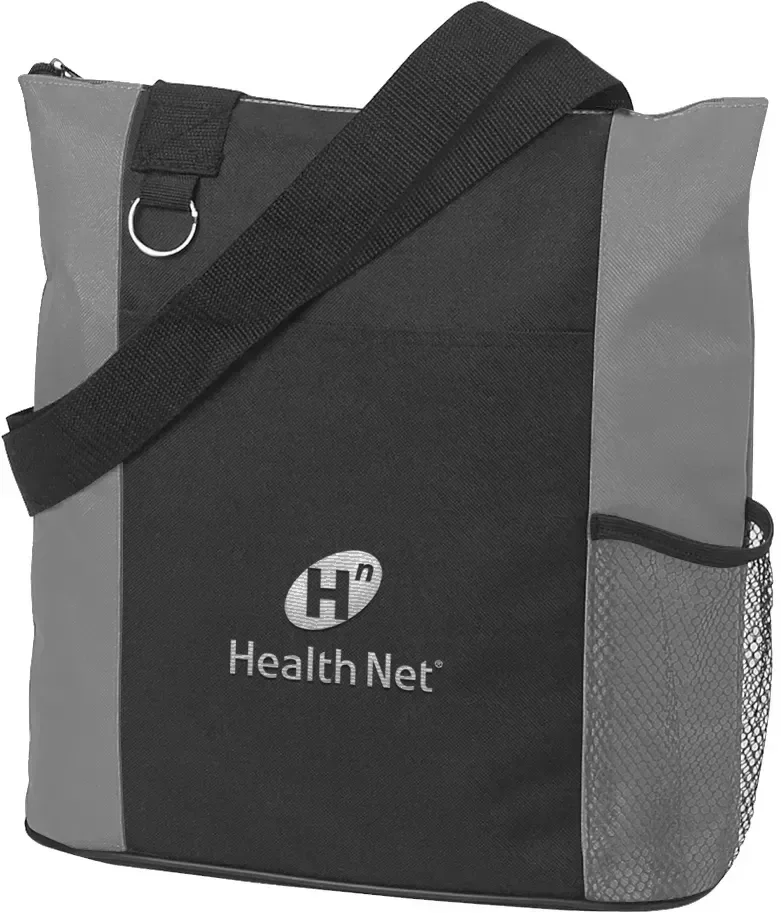 Fun tote bag with contrast handles, roughly fourteen inches wide