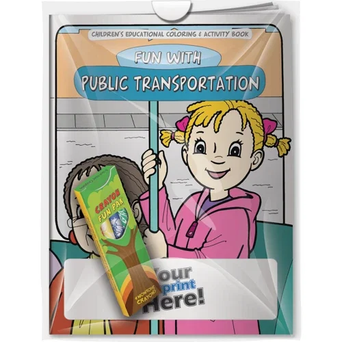 Fun With Public Transportation coloring book and 4-crayon Fun Pak combo kitted in poly bag