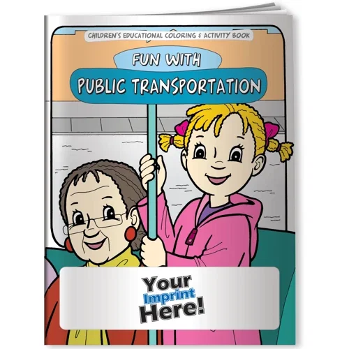 Fun With Public Transportation kids coloring book cover with bus and transit scenes