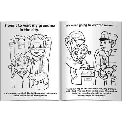 Pack of 4 non-toxic Fun Pak crayons paired with public transportation coloring book