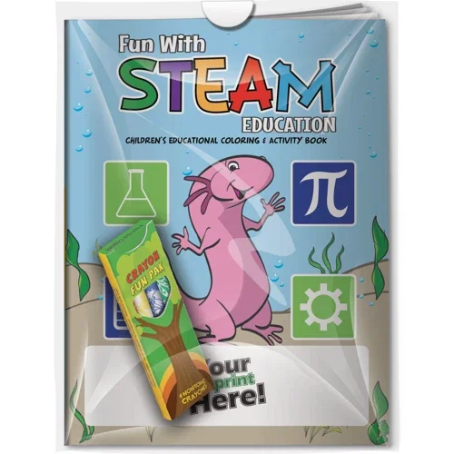 Fun with STEAM Education Coloring Book & Crayons Combo Pack cover with 4 Fun Pak crayons in poly bag