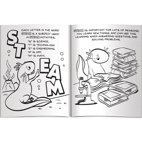 Fun with STEAM Education Coloring Book open to a science-themed coloring page