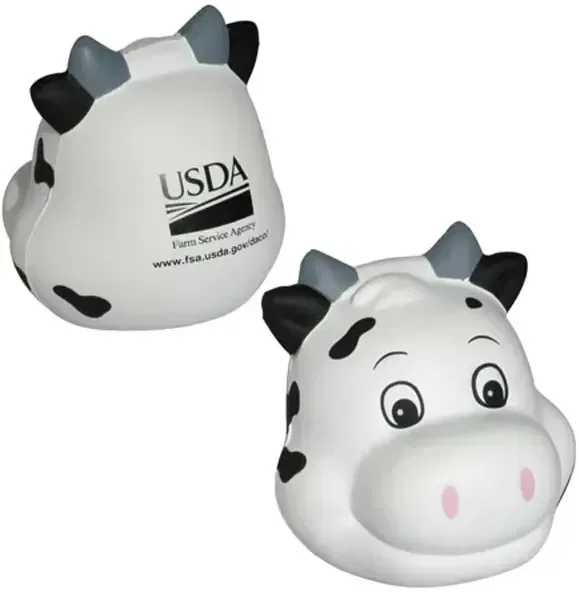 Custom Funny Face Milk Cow Stress Reliever, smiling-cow promotional foam squeeze toy with branded logo