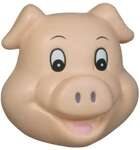 Funny Face Pig custom stress reliever molded as a grinning pig, branded farm and food promotional logo giveaway