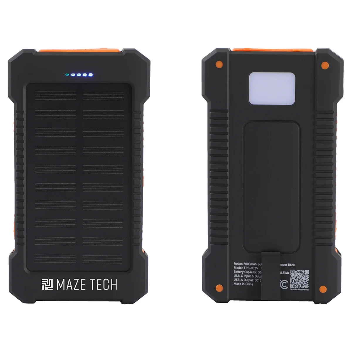 Custom Fusion 5000mAh Solar-Charging Power Bank, front view of the branded power bank