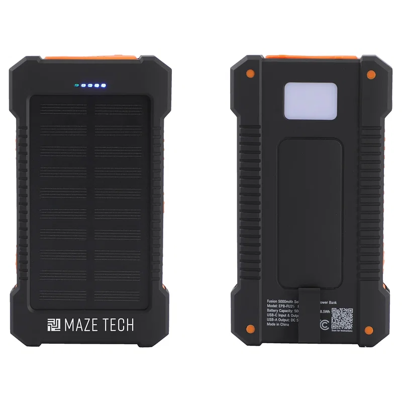 Custom Fusion 5000mAh Solar-Charging Power Bank, front view of the branded power bank