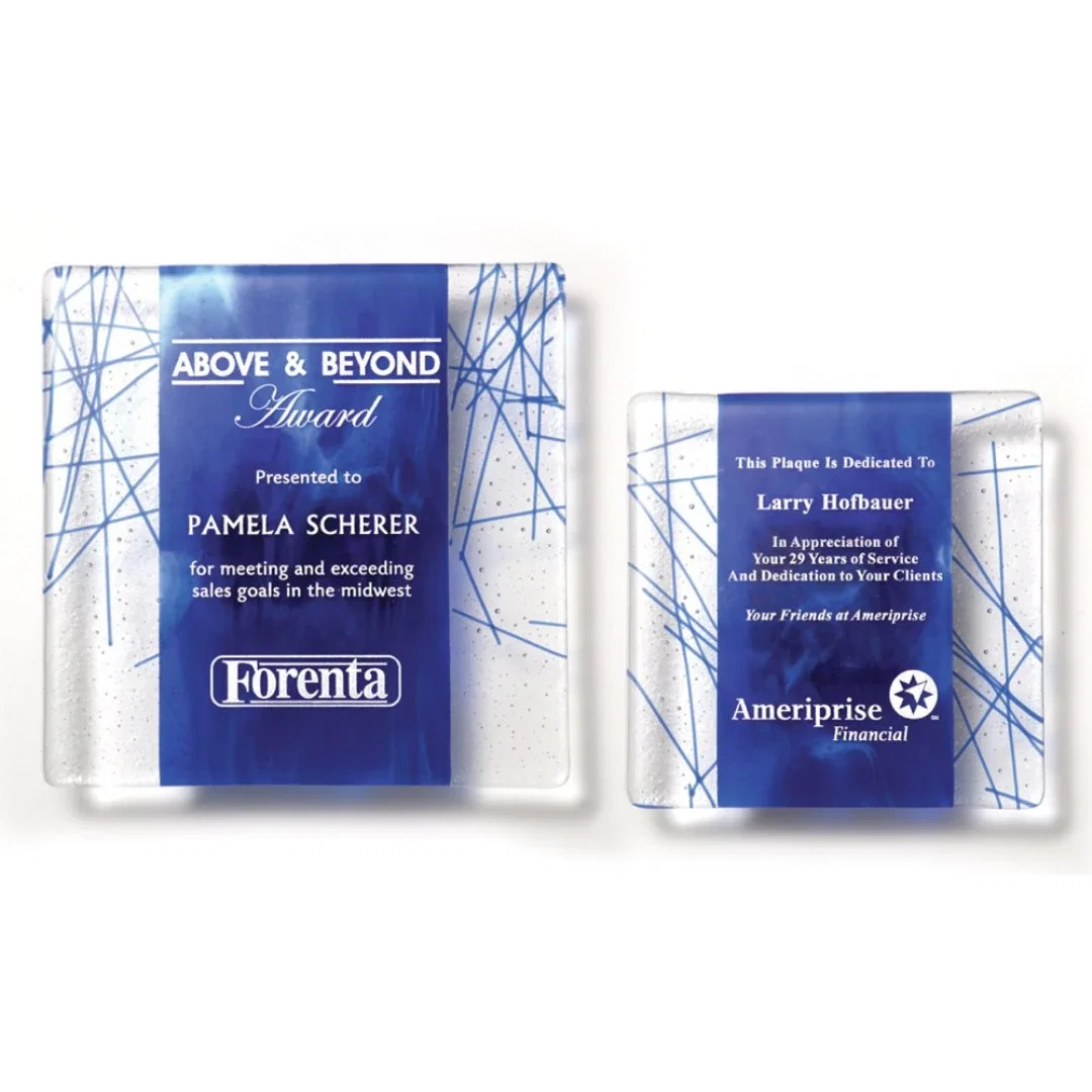 Custom Fused Art Glass Plaque With Transparent Wall-Blending Cutouts for employee recognition