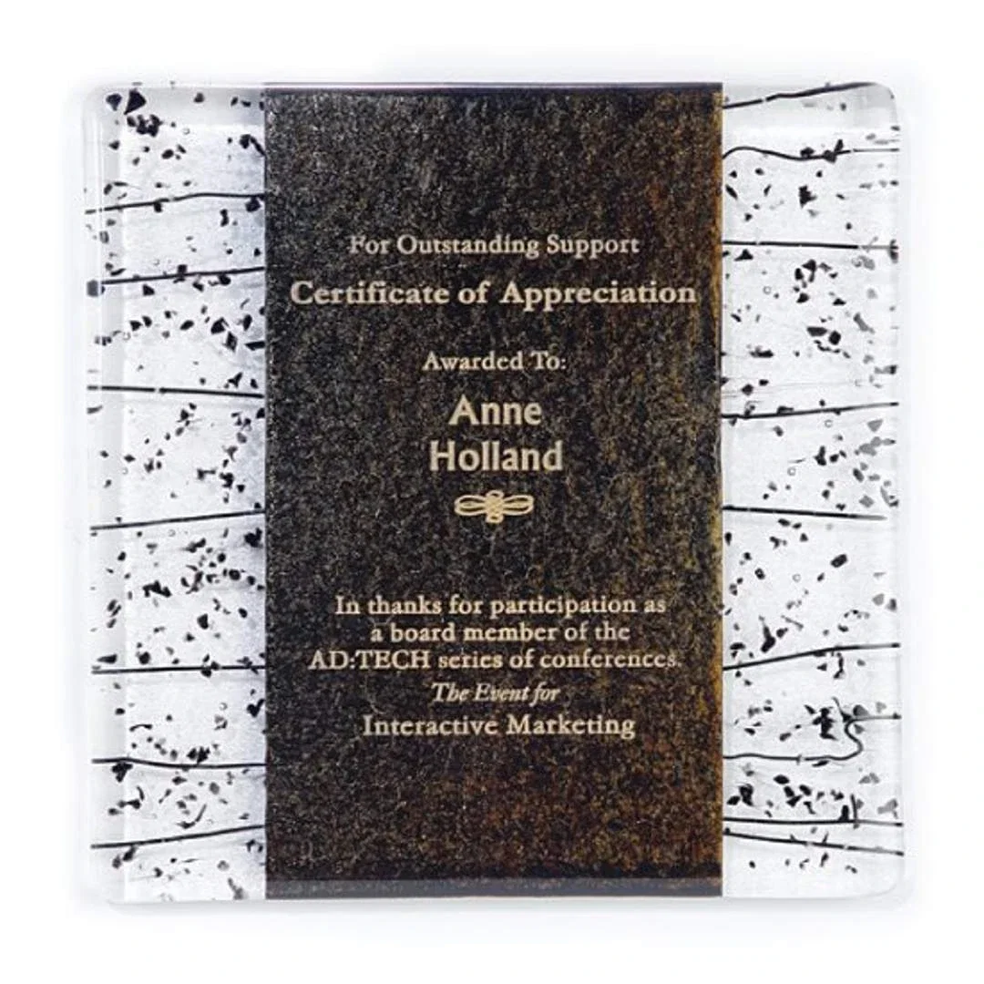 Custom Fused Art Glass Plaque With Transparent Wall-Blending Cutouts for graduation ceremonies