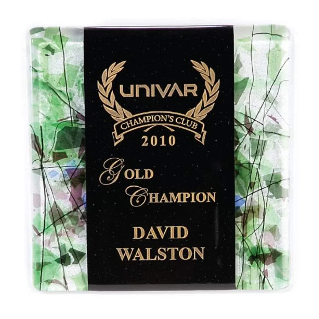 Custom Fused Art Glass Plaque With Transparent Wall-Blending Cutouts for team milestone celebrations