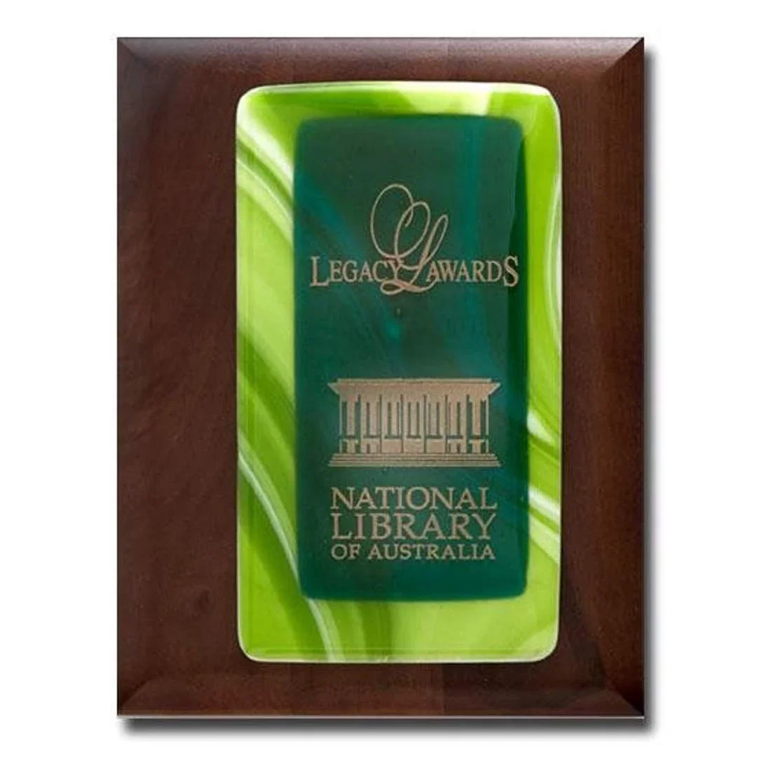 Custom Fused Art Glass Plaque on Walnut With Acrylic Spacer for corporate award ceremonies