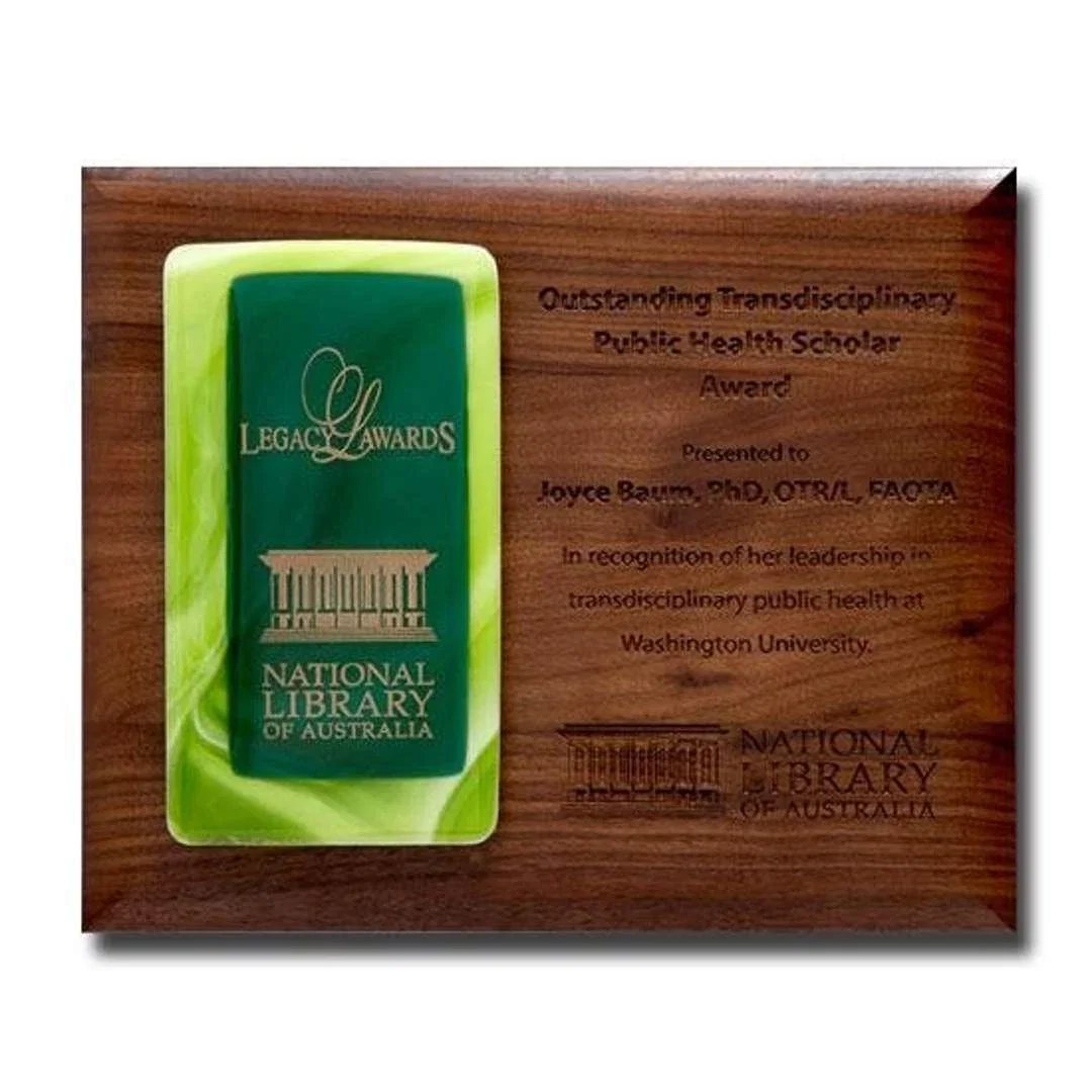 Custom Fused Art Glass Plaque on Walnut With Acrylic Spacer for service anniversary gifts
