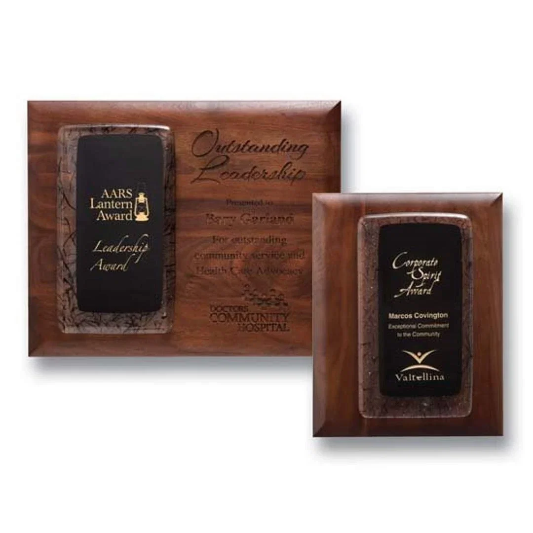 Custom Fused Art Glass Plaque on Walnut With Acrylic Spacer for sales achievement awards