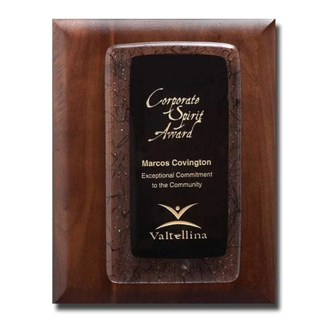 Custom Fused Art Glass Plaque on Walnut With Acrylic Spacer for retirement presentations