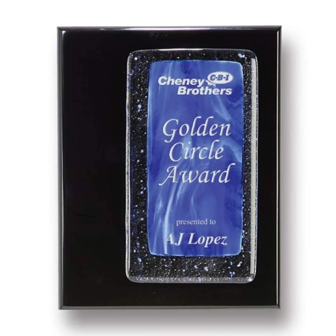 Custom Fused Art Glass Plaque on Piano Finish Wood With Acrylic Spacer for corporate award ceremonies